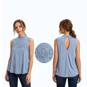NWT Mittoshop Misty Blue Mock Neck Open Back Top With Lace Detail Size Small